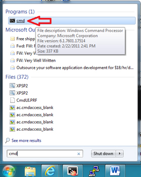 Menu Démarrer de la recherche Windows 7, Boîte, CMD