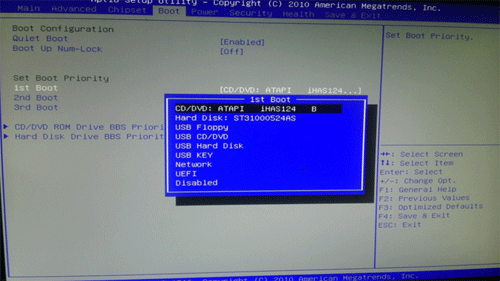 Computer BIOS screen, boot section, first boot device