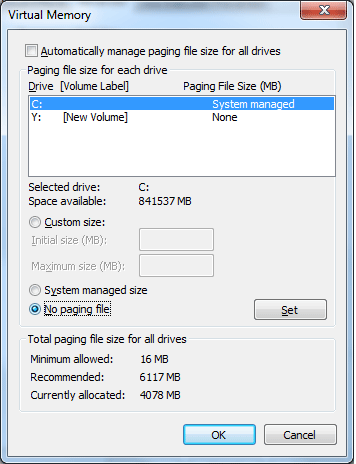 Windows 7 Virtual Memory Settings